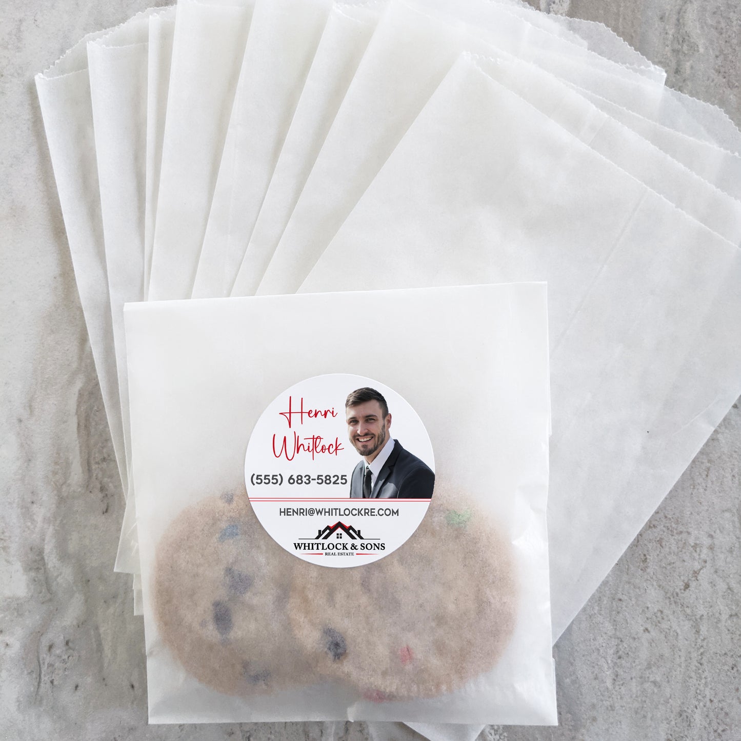 Treat bags and stickers kit - Includes glassine treat bags with 2" and 1" customized stickers - Real Estate / RE23