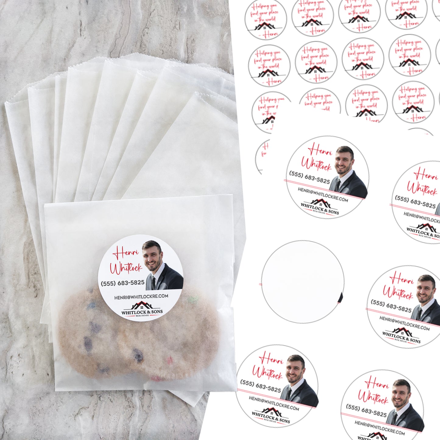 Treat bags and stickers kit - Includes glassine treat bags with 2" and 1" customized stickers - Real Estate / RE23