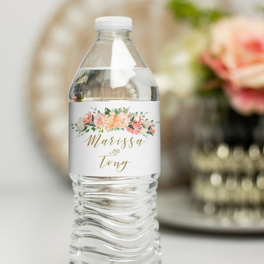 Printed Personalized Water Bottle Labels / Peach and Coral Bouquet - PQ18