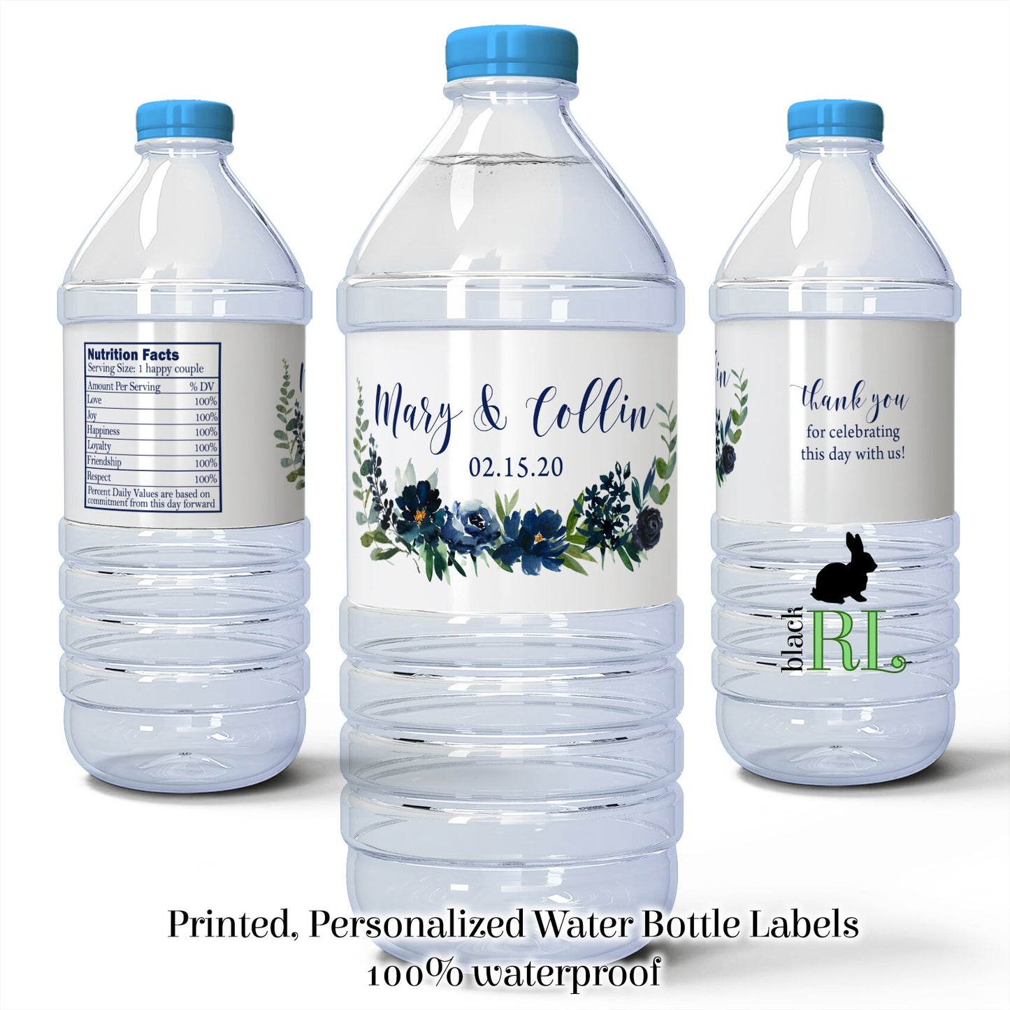 Printed Personalized Water Bottle Labels / Navy Roses and Greenery Stickers - NW19