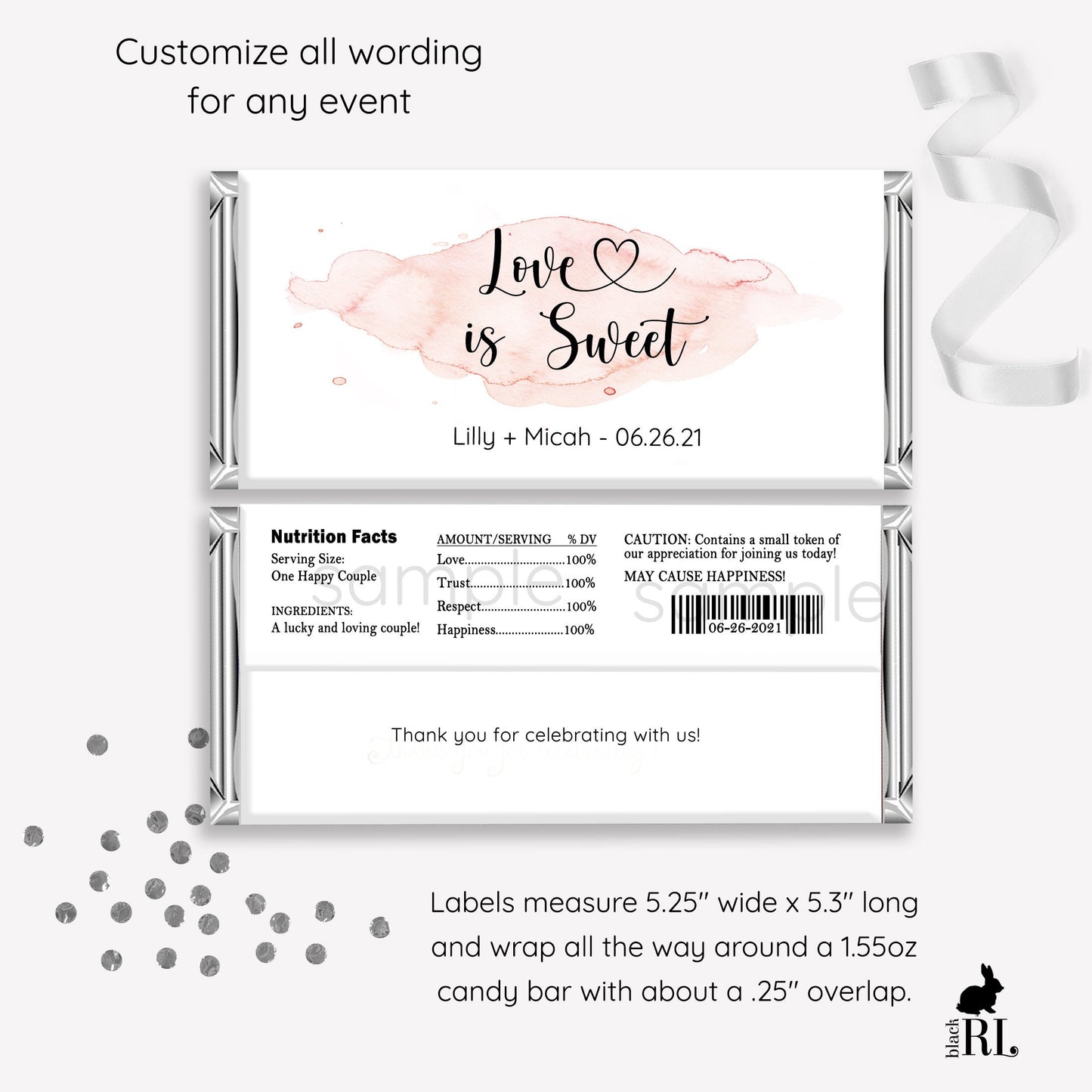 Printed Labels for Full Size Candy/Chocolate Bar / Pink Hearts - PH21