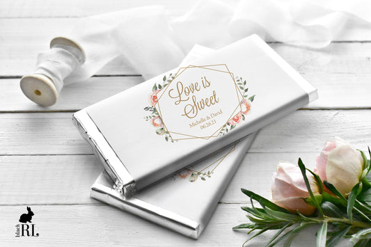 Printed Labels for Full Size Candy/Chocolate Bar / Pink Flowers in Geometric Shape - PG19