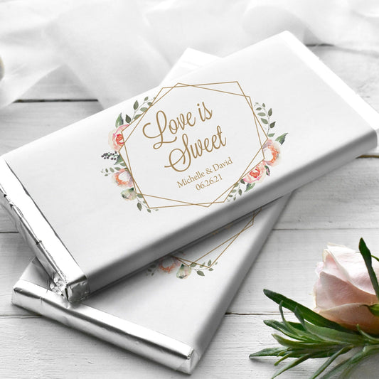 Printed Labels for Full Size Candy/Chocolate Bar / Pink Flowers in Geometric Shape - PG19
