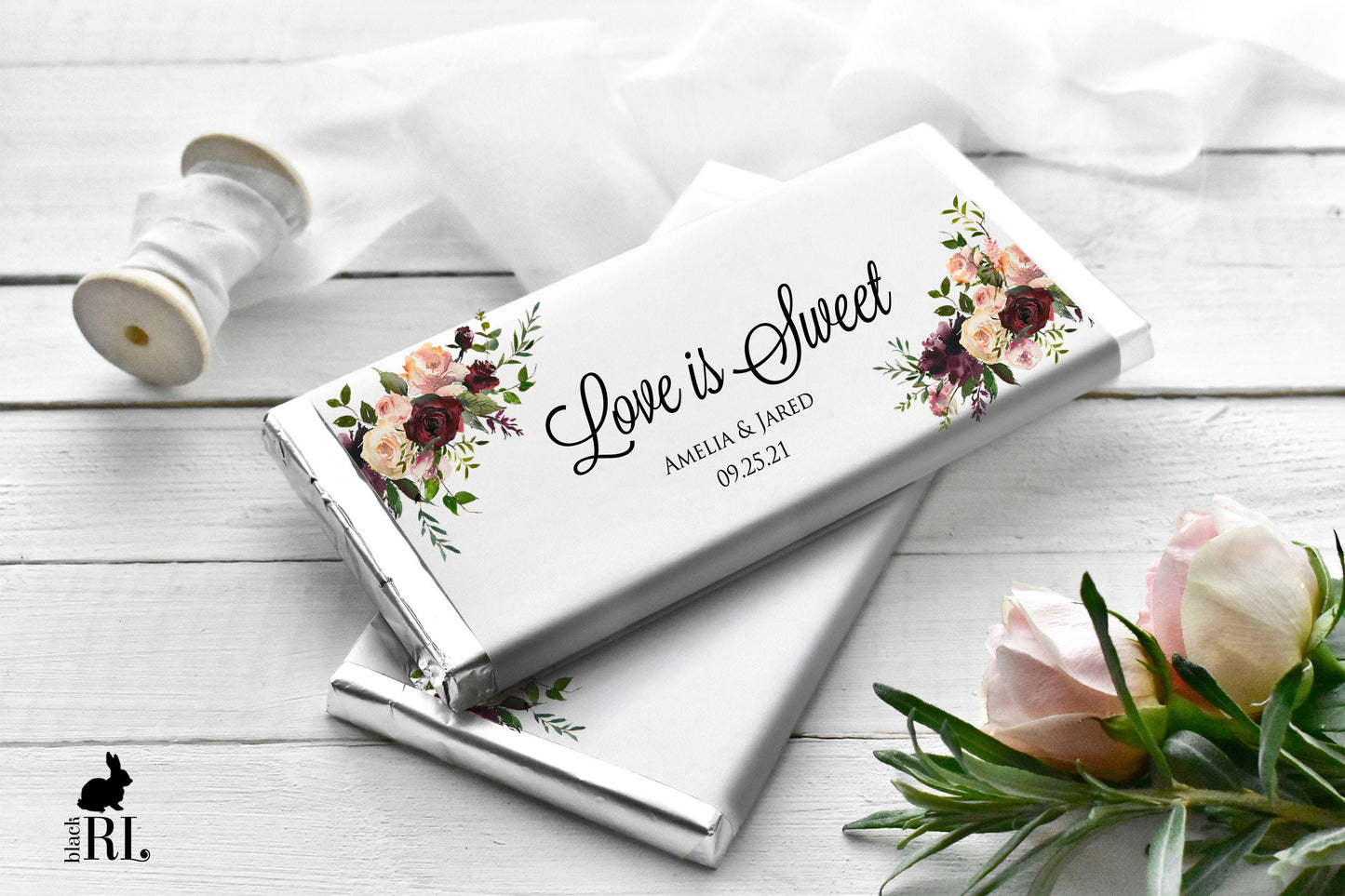 Printed Labels for Full Size Candy/Chocolate Bar / Fall Burgundy Blush Roses Geo - BF18