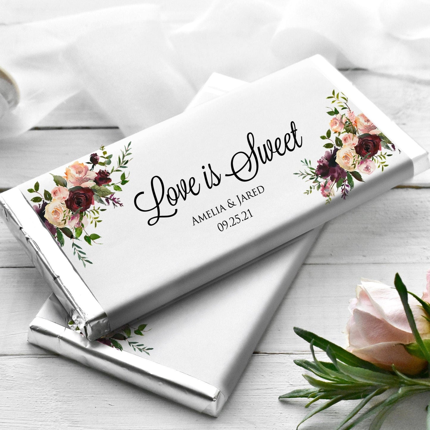 Printed Labels for Full Size Candy/Chocolate Bar / Fall Burgundy Blush Roses Geo - BF18