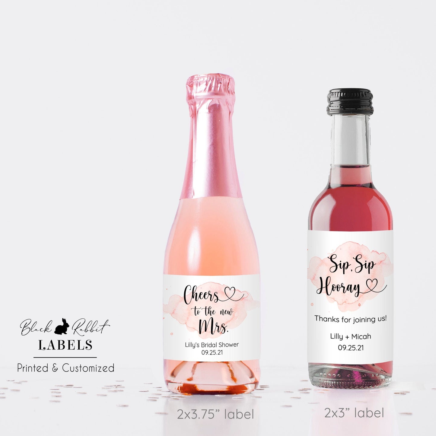 Printed Mini Wine or Mini Champagne Bottle Labels / Pink Hearts / PH21