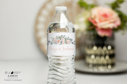 Printed Personalized Water Bottle Labels / Rose Gold Eucalyptus Floral Bouquet - RE19