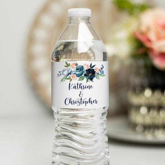 Printed Personalized Water Bottle Labels / Dusty Blue, Navy and Peach Flowers - DB19
