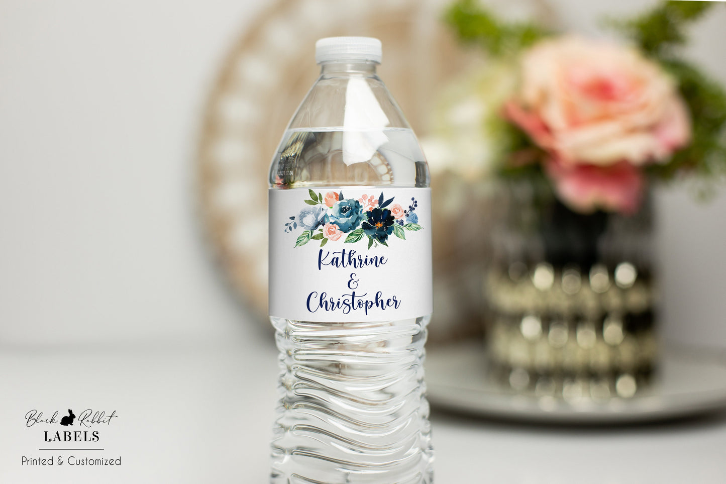 Printed Personalized Water Bottle Labels / Dusty Blue, Navy and Peach Flowers - DB19