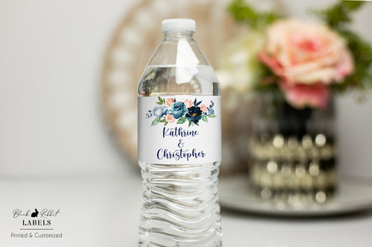 Printed Personalized Water Bottle Labels / Dusty Blue, Navy and Peach Flowers - DB19