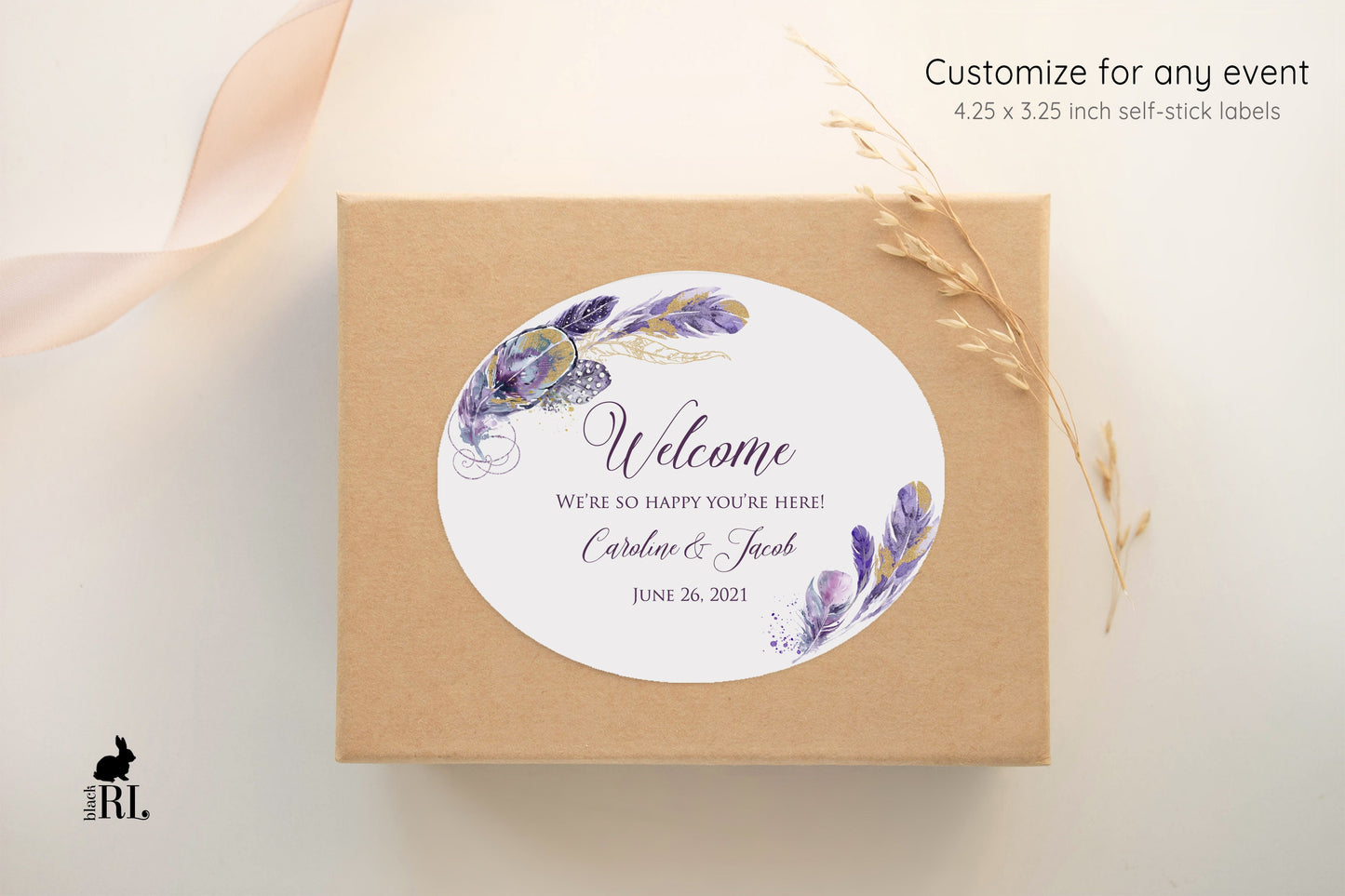 Printed Oval Bag and Box Labels / Purple and Gold Feathers - PF20