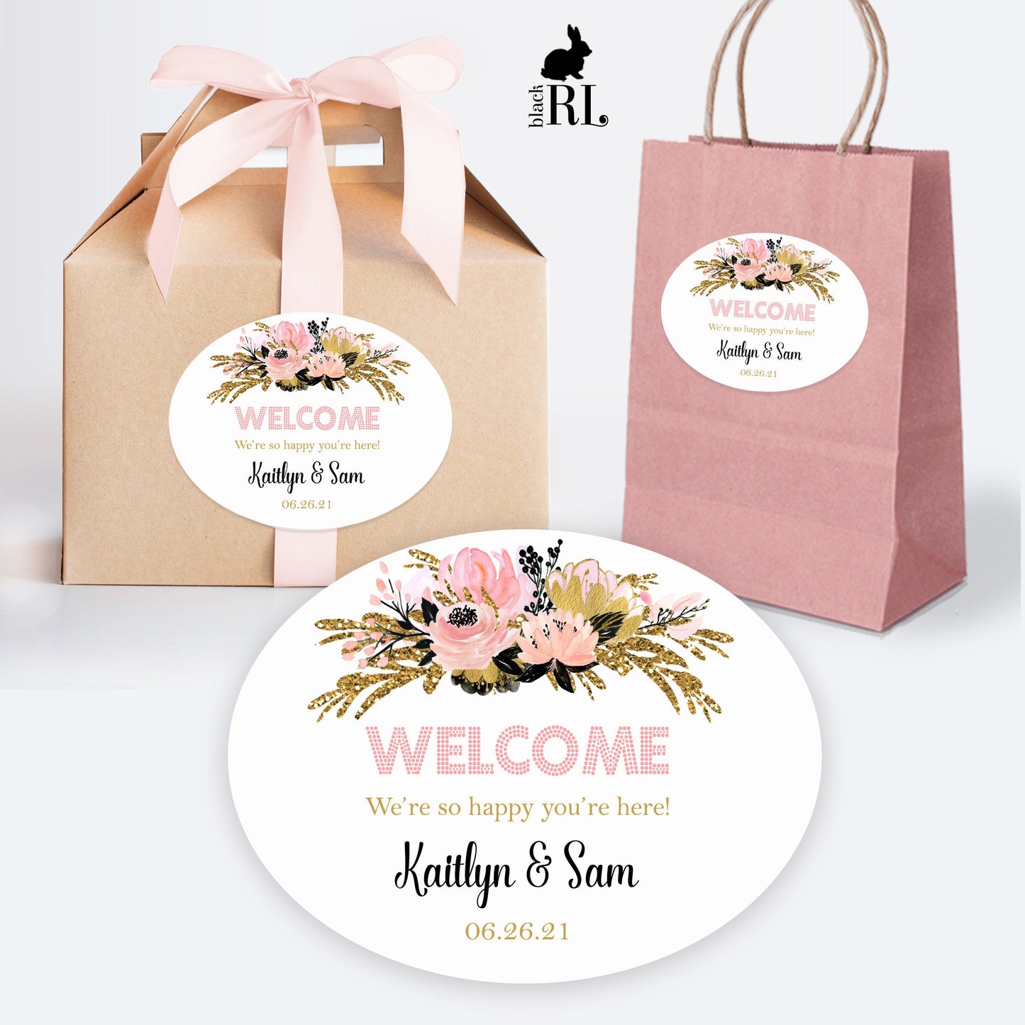Printed Oval Bag and Box Labels / Glittery Pink Flowers -  GP21