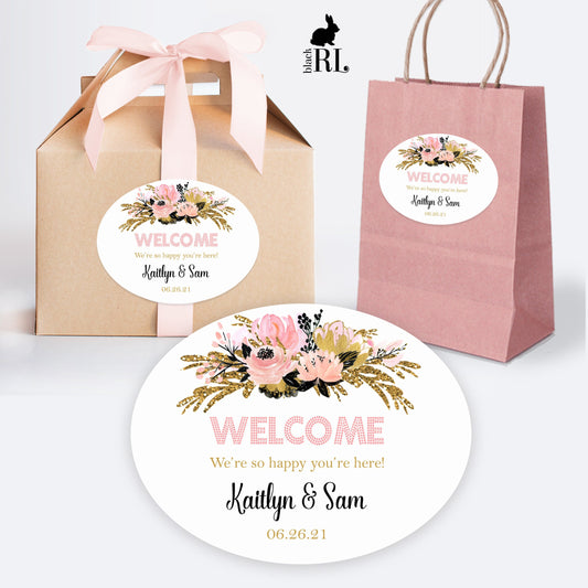 Printed Oval Bag and Box Labels / Glittery Pink Flowers -  GP21