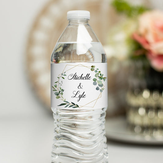 Printed Personalized Water Bottle Labels / Greenery Wreath Geometric Shape - GG18