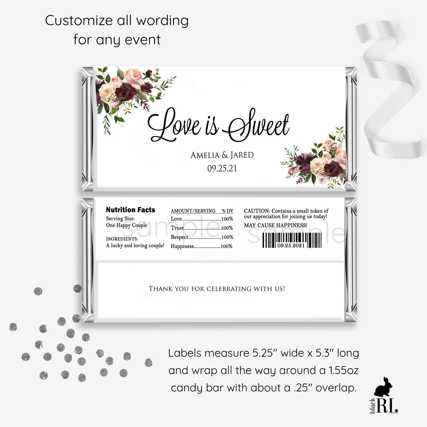Printed Labels for Full Size Candy/Chocolate Bar / Fall Burgundy Blush Roses Geo - BF18