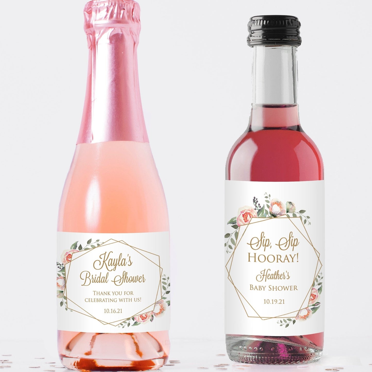 Printed Mini Wine or Mini Champagne Bottle Labels / Pink Flowers in Geo / PG19