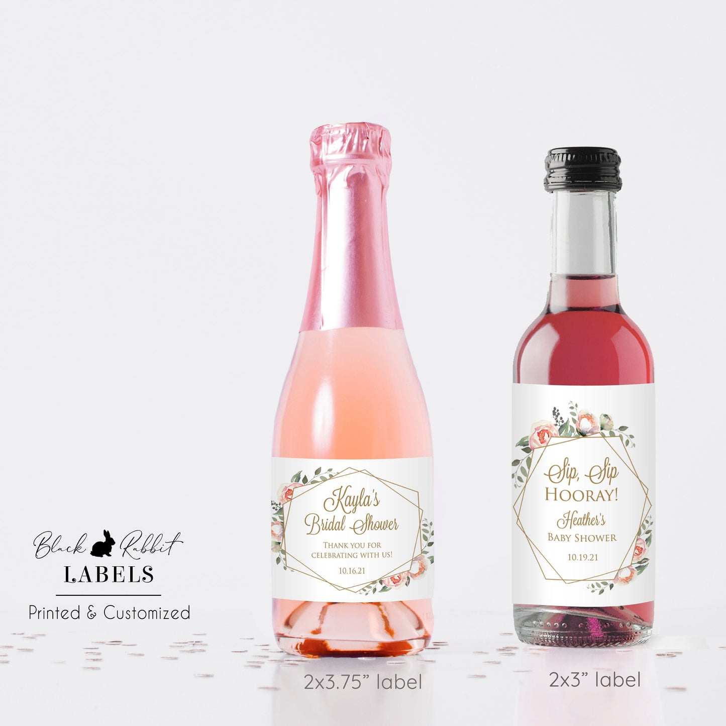 Printed Mini Wine or Mini Champagne Bottle Labels / Pink Flowers in Geo / PG19