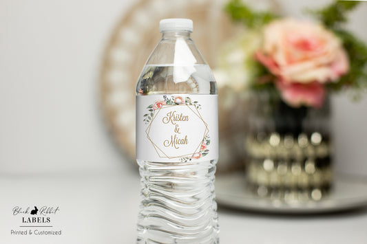 Printed Personalized Water Bottle Labels / Pink Flowers in Gold Geometric Frame - PG19