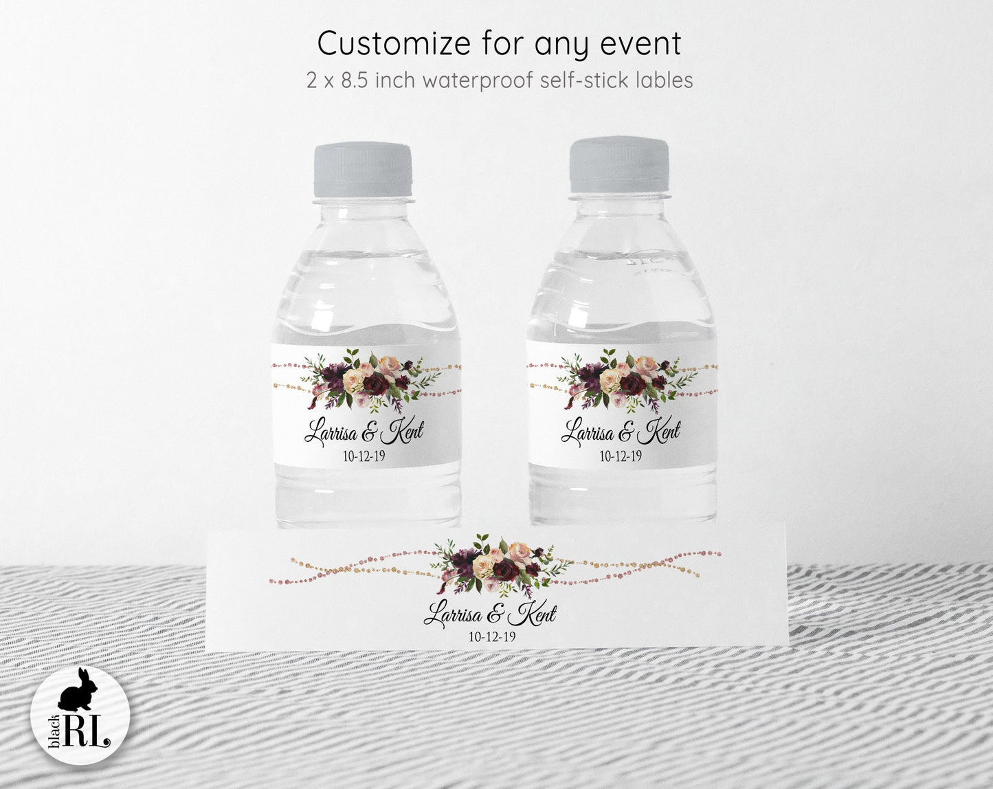 Printed Personalized Water Bottle Labels / Flowers with Glitter Bunting - GB19
