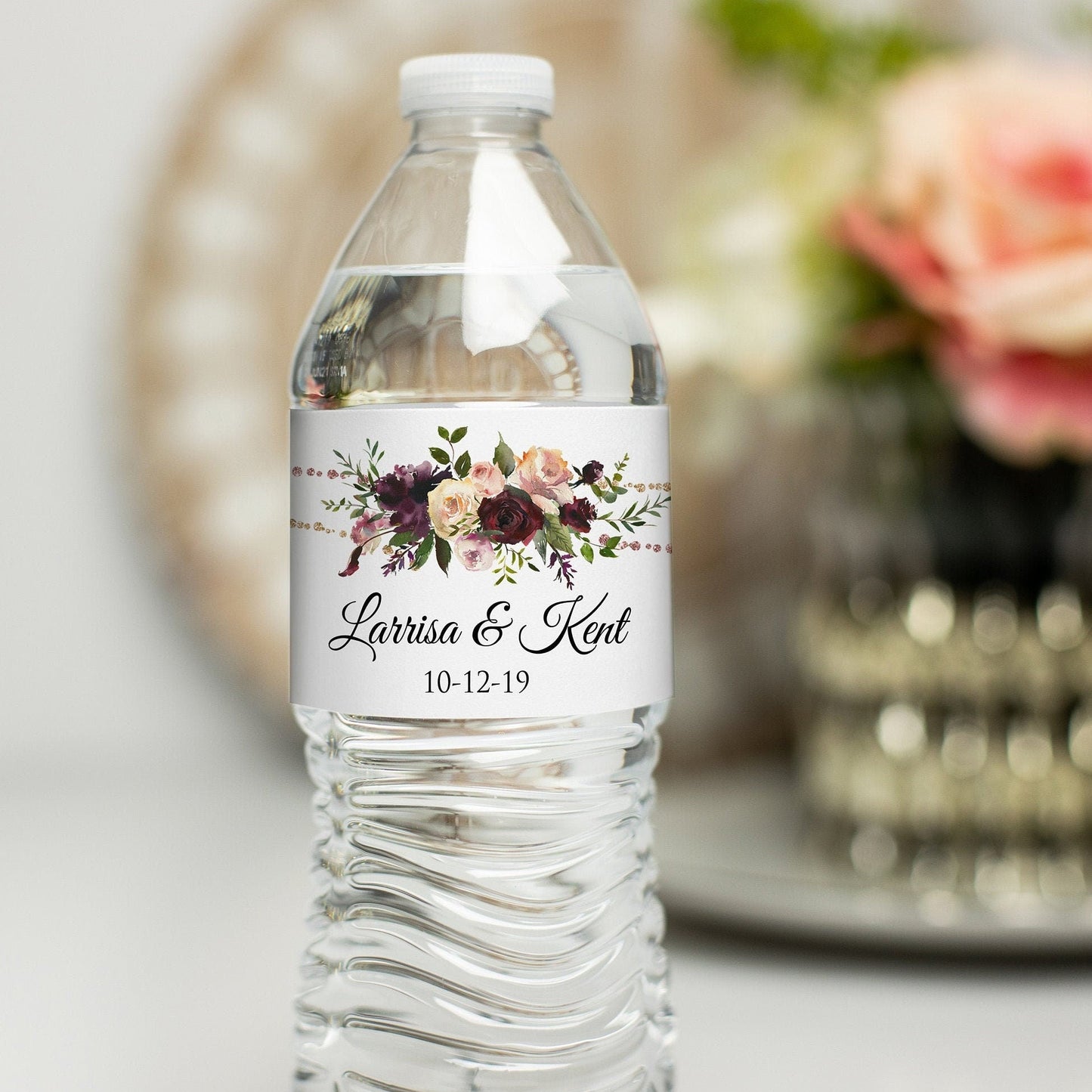 Printed Personalized Water Bottle Labels / Flowers with Glitter Bunting - GB19