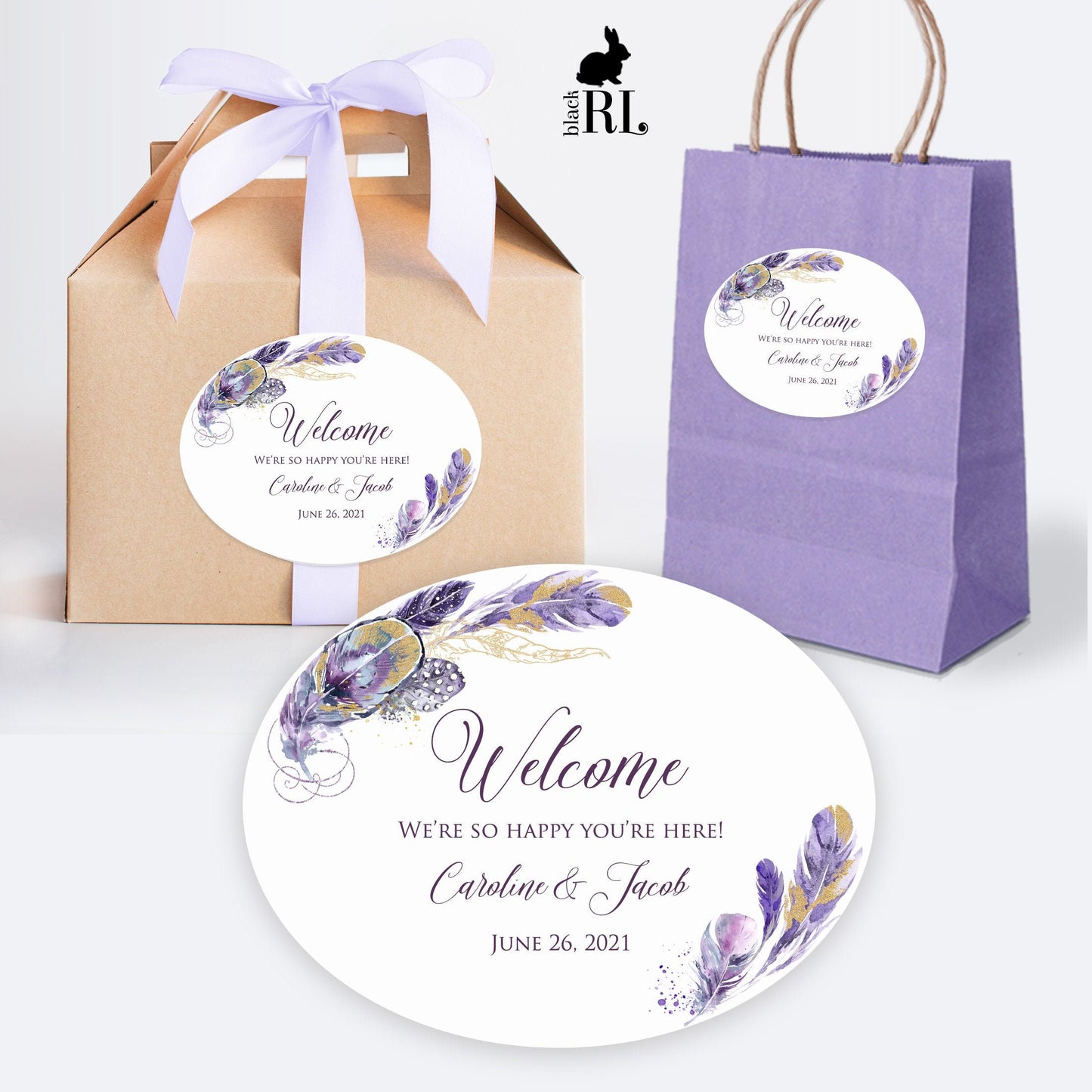 Printed Oval Bag and Box Labels / Purple and Gold Feathers - PF20