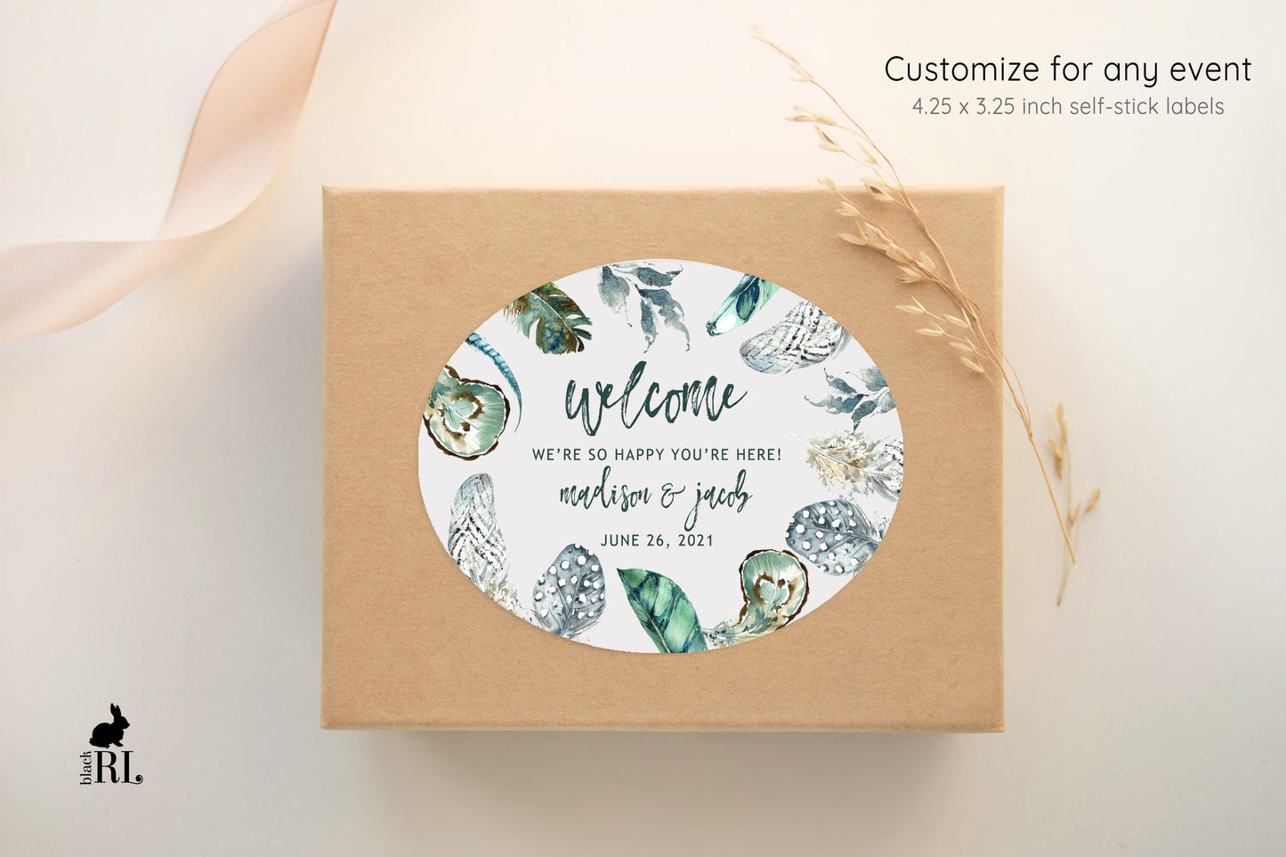 Printed Oval Bag and Box Labels / Green Boho Feathers - GF20