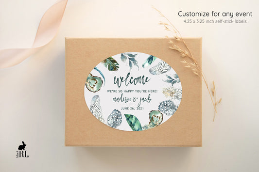 Printed Oval Bag and Box Labels / Green Boho Feathers - GF20