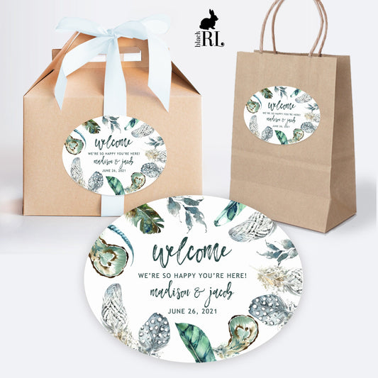 Printed Oval Bag and Box Labels / Green Boho Feathers - GF20