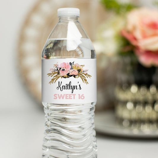 Printed Personalized Water Bottle Labels / Gold, Pink and Black Bouquet - GP21