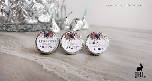 Printed Chocolate Kiss Stickers / Navy and Red Flowers - NR21