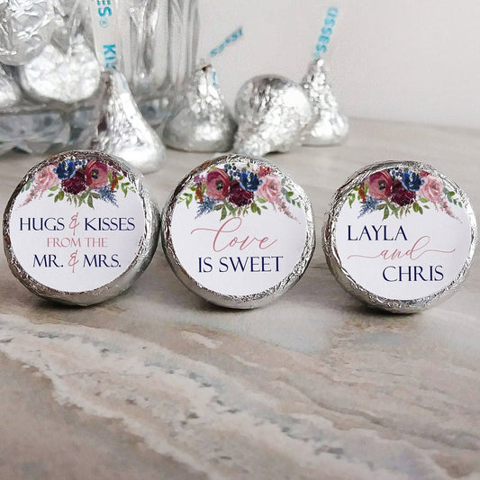 Printed Chocolate Kiss Stickers / Navy and Red Flowers - NR21