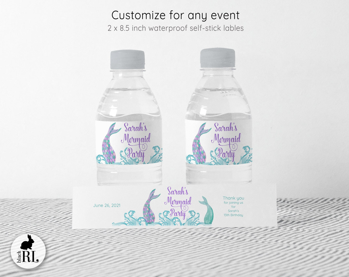 Printed Personalized Water Bottle Labels / Mermaid in Waves - MW21