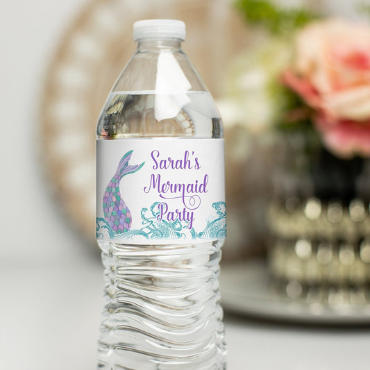 Printed Personalized Water Bottle Labels / Mermaid in Waves - MW21
