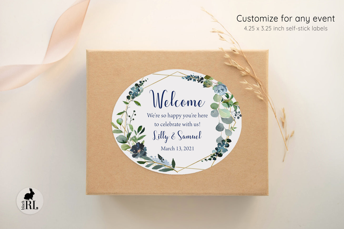 Printed Oval Bag and Box Labels / Greenery & Navy Flowers in Geo - FG19