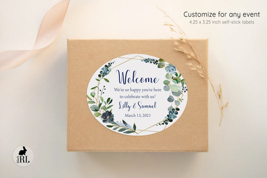 Printed Oval Bag and Box Labels / Greenery & Navy Flowers in Geo - FG19