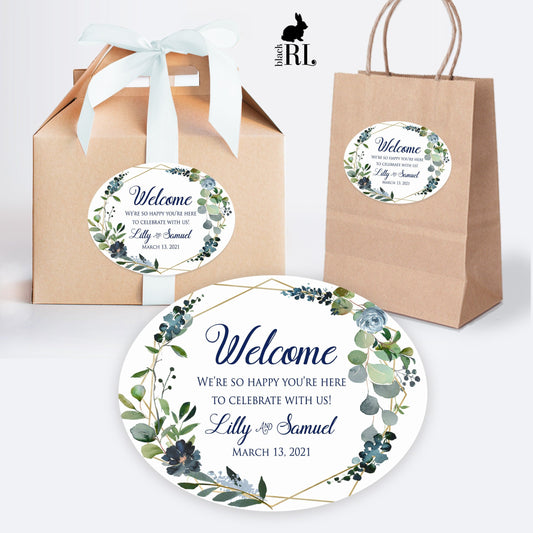 Printed Oval Bag and Box Labels / Greenery & Navy Flowers in Geo - FG19
