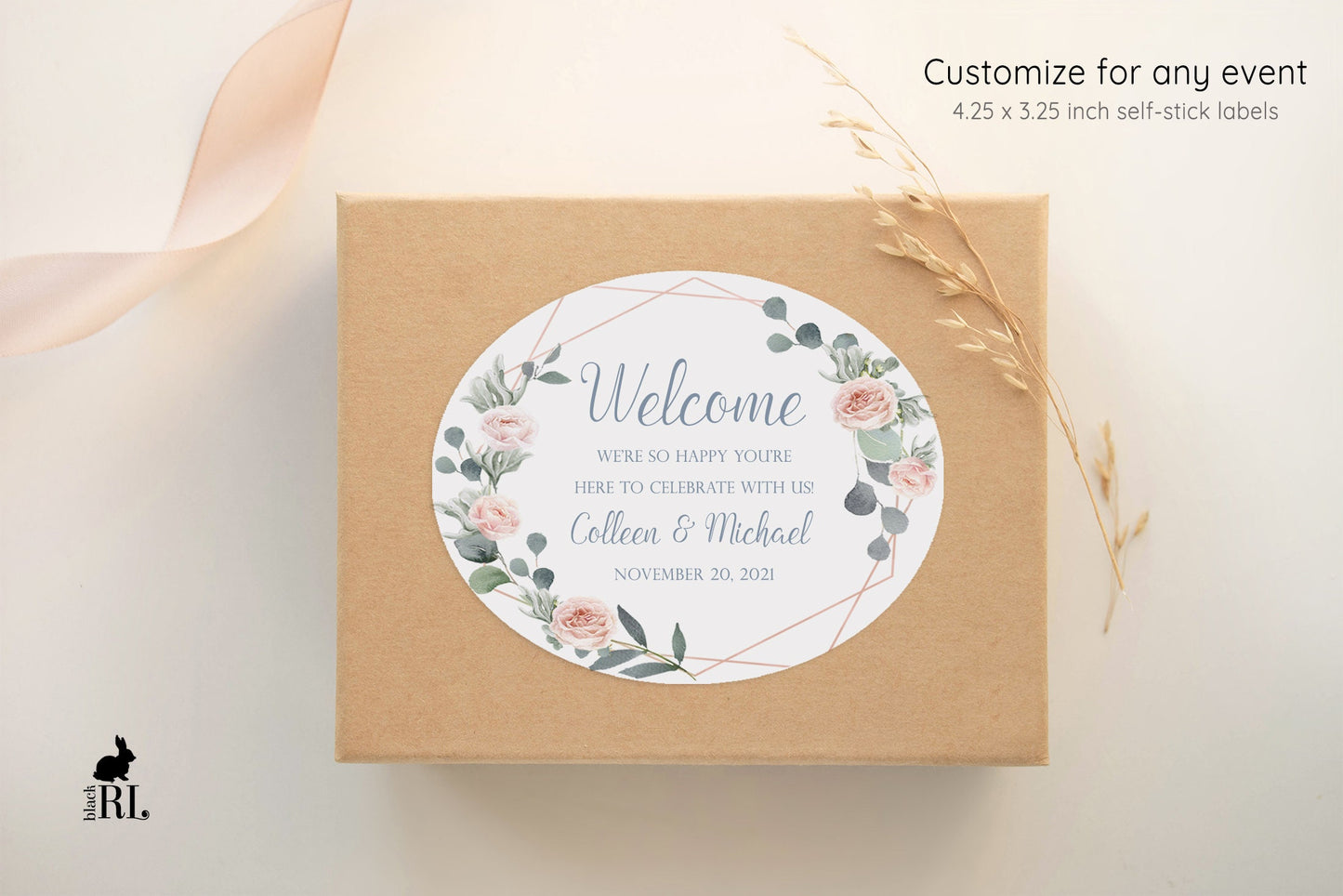 Printed Oval Bag and Box Labels / Rose Gold Floral Geo Wreath - RE19