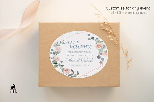 Printed Oval Bag and Box Labels / Rose Gold Floral Geo Wreath - RE19
