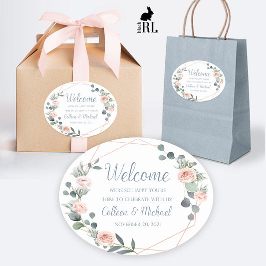 Printed Oval Bag and Box Labels / Rose Gold Floral Geo Wreath - RE19