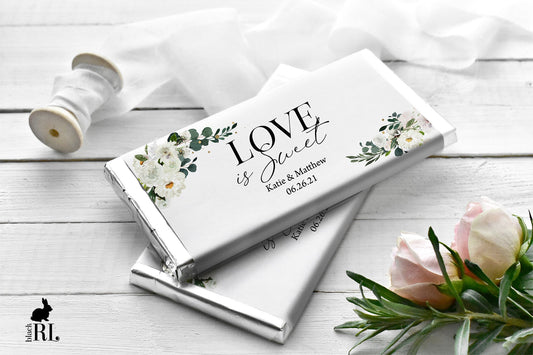 Printed Labels for Full Size Candy/Chocolate Bar / White Flowers in Greenery - WB21