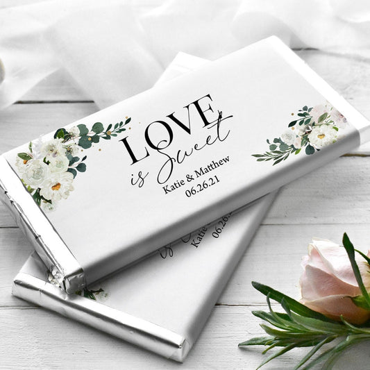 Printed Labels for Full Size Candy/Chocolate Bar / White Flowers in Greenery - WB21