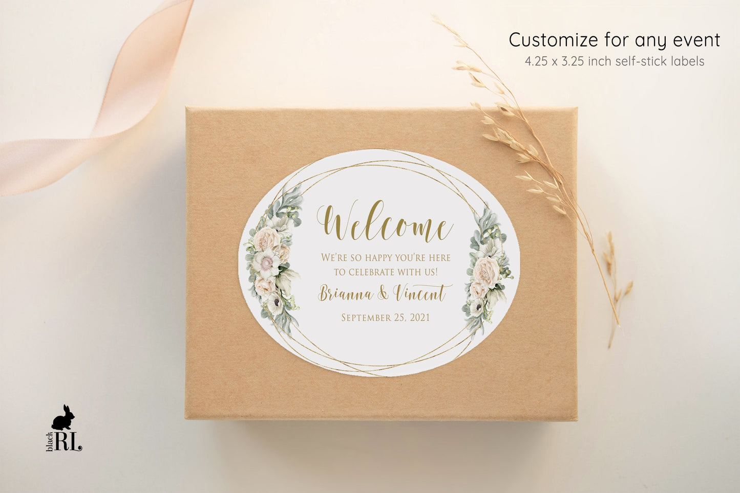 Printed Oval Bag and Box Labels / White flowers in gold frame -  WG18