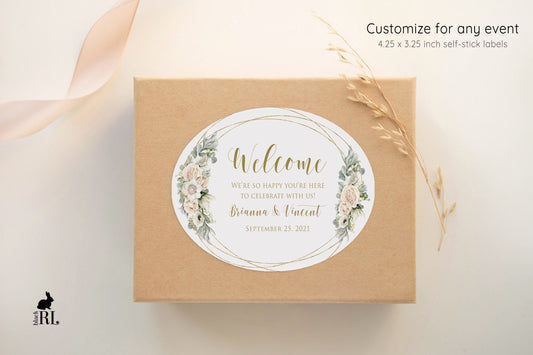Printed Oval Bag and Box Labels / White flowers in gold frame -  WG18