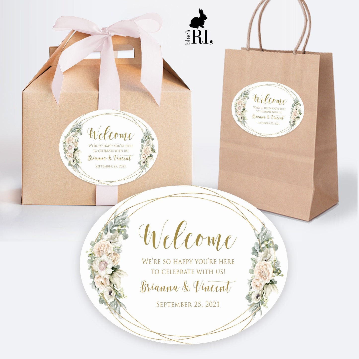 Printed Oval Bag and Box Labels / White flowers in gold frame -  WG18