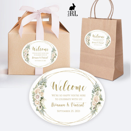 Printed Oval Bag and Box Labels / White flowers in gold frame -  WG18