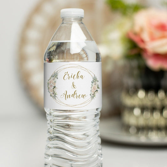 Printed Personalized Water Bottle Labels / White Flowers in Gold Circle Frame - WG18