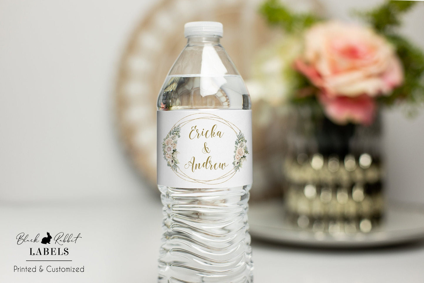 Printed Personalized Water Bottle Labels / White Flowers in Gold Circle Frame - WG18