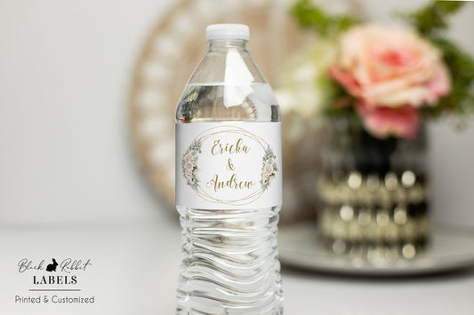 Printed Personalized Water Bottle Labels / White Flowers in Gold Circle Frame - WG18