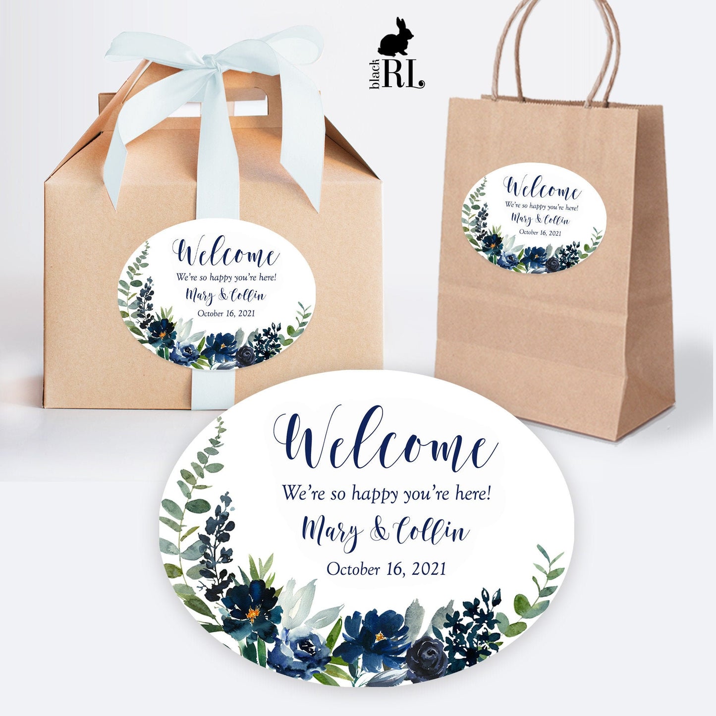 Printed Oval Bag and Box Labels / Navy Roses and Greenery Stickers - NW19