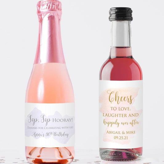 Printed Mini Wine or Mini Champagne Bottle Labels / Watercolor Wash / WC19